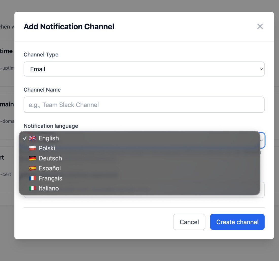 Per-channel language picker with six locales